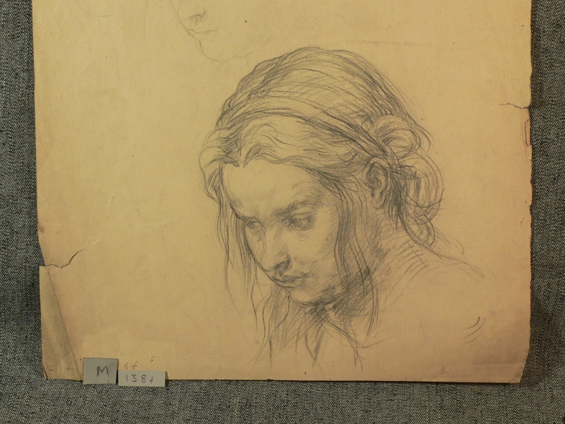 Recto: Pencil drawing of young girl facing down: Verso Idem